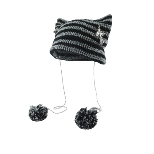 Crochet Hats for Women Vintage Beanies Women Fox Hat Grunge Goth Beanies Hat Y2K Accessories Slouchy Beanies for Women - Medium - Grey Black