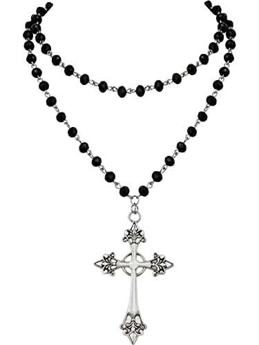 Sacina Gothic Bead Cross Necklace, Cross Choker, Layered Cross Choker Necklace, Goth Necklace, Gothic Necklace, Y2k Necklaces,Halloween Christmas New Year Goth Jewelry Gift for Women - layered silver cross