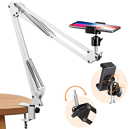 TARION Overhead Tripod Mount Articulating Arm Phone Holder Video Webcam Stand Lazy Arm Clamp Table Desktop Suspension Scissor Arm Stand (White) - White