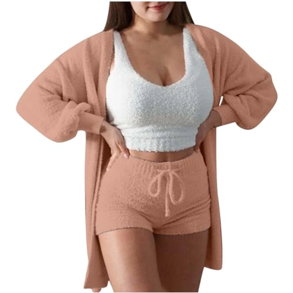 Oplxuo Women's Sexy Warm Fuzzy 2 Piece Outfits Pajamas Set, Sherpa Cardigan Outwear Bodycon Shorts Set Loungewear Nightwear