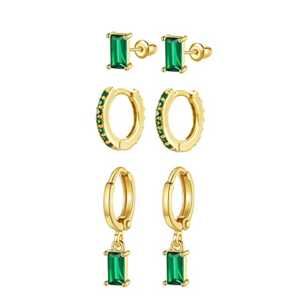 3 Pairs Gold Huggie Earrings for Women Emerald Green Earrings 14k Gold Cartilage Tiny Small Gold Hoop Earrings Emerald Baguette Drop Stud Earring Set Women