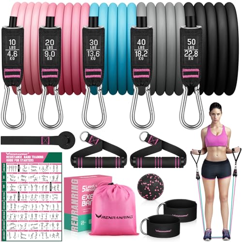 RENRANRING Resistance Bands for Working Out, 150LBS Exercise Bands, Workout Bands, Resistance Bands Set with Handles for Men Women, Legs Ankle Straps for Muscle Training - Black, Gray, Blue, Medium pink, Pink - 51.0 inch