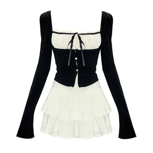Kawaii Lolita Black Y2K 2 Piece Set - set / Size S(40-45Kg)