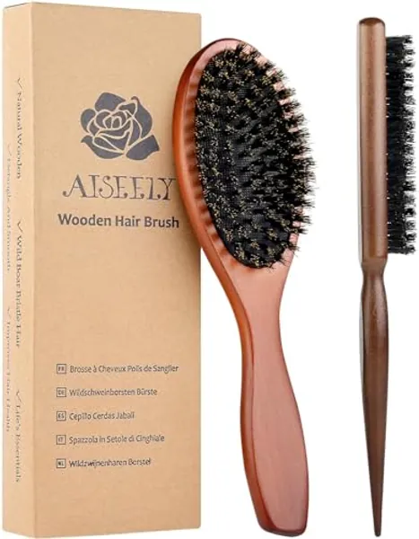 Spazzola con Setole di Cinghiale, AISEELY 2 Pezzi Spazzola Cinghiale per Capelli, Spazzola Capelli Ricci, Naturale, Professionale Pettini con Spazzola per Coda Tirata per Pettinare Capelli Lisci Ricci 