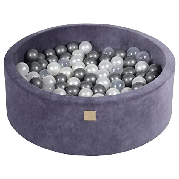 MEOWBABY Piscina di Palline per Bambini - Tondo 90x30cm Piscine con 200 Palline Colorate, Velluto, Blu-Grigio: Argento/Bianco Perla/Trasparente