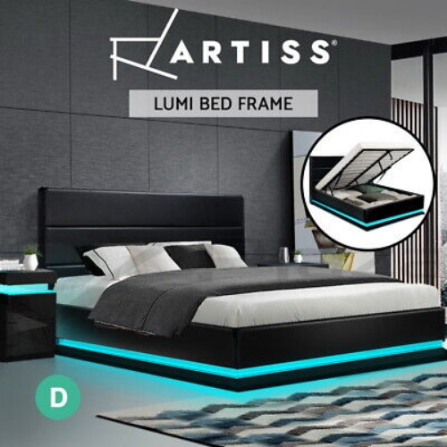 Artiss Bed Frame Double Size RGB LED Gas Lift Bed Base Storage Leather LUMI  | eBay