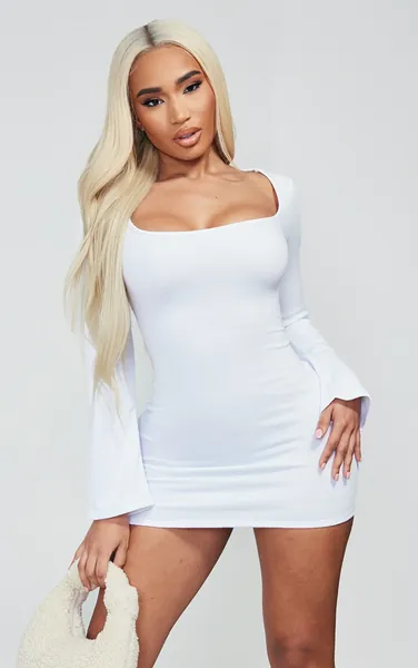 Shape White Textured Square Neck Long Sleeve Bodycon Dress