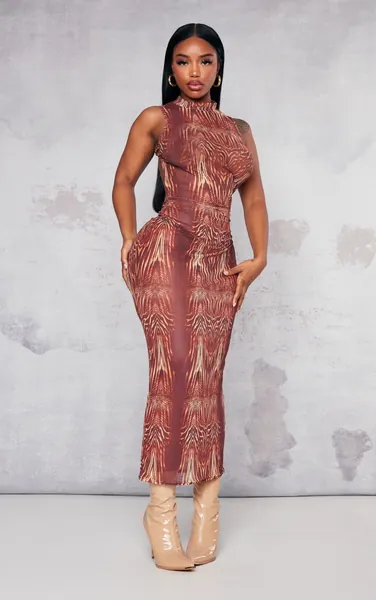 Shape Brown Zebra Printed Mesh High Neck Extreme Cut Out Back Midaxi Dress