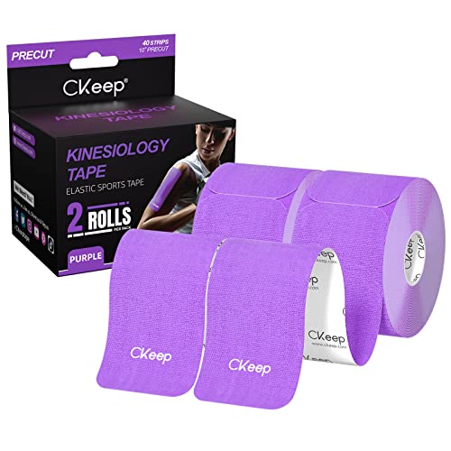 CKeep Kinesiology Tape (2 Rolls), Original Cotton Elastic Premium Athletic Tape,33 ft 40 Precut Strips in Total,Hypoallergenic and Waterproof K Tape for Muscle Pain Relief and Joint Support,Purple - Purple