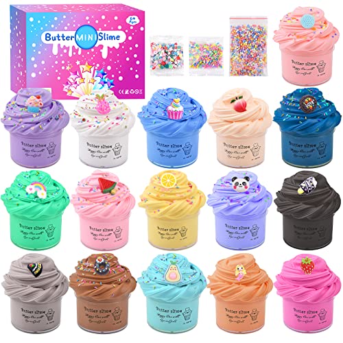 16 Pack Mini Butter Slime Kit,with Pink Watermelon, Lemon Slices and Mermaid Slime Etc 16 Color Slime and Slime Charms, DIY Scented Slime Party Favor, Stress Relief Toy for Boys and Girls