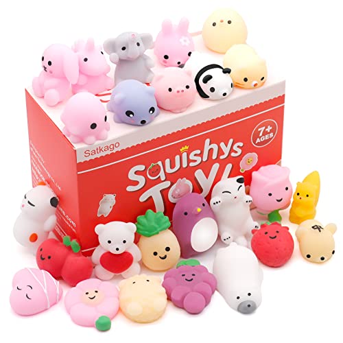 Satkago Mochi Squishys Toys, 25pcs Mini Kawaii Squishies, Easter Basket Stuffers Easter Egg Fillers, Easter Gifts for Kids, Party Favors Supplies for Encanto Cocomelon Birthday for Kids Teens Adults - Animals & Fruits 25pcs