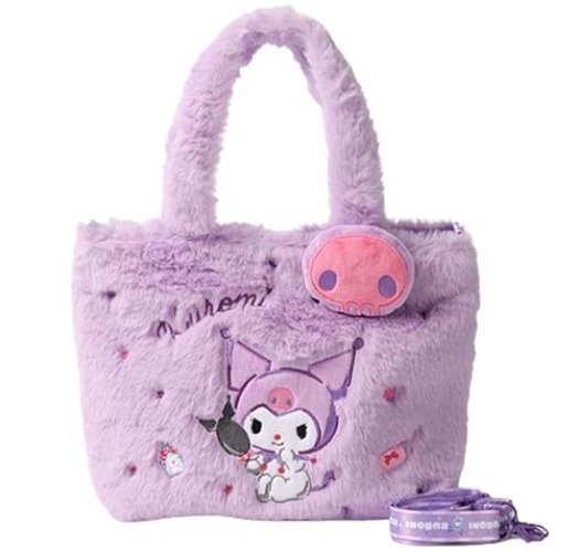 Kuromi Embroidered Plush Tote Bag with Strap