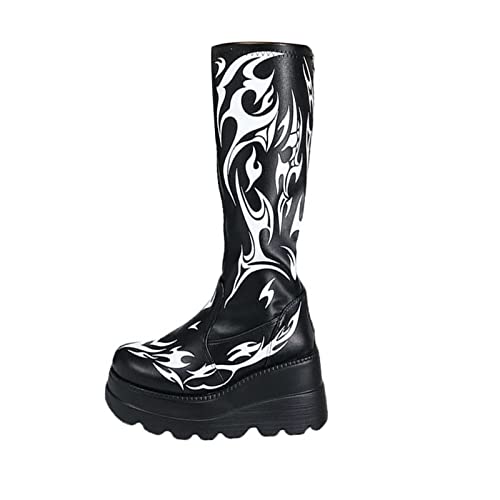 Susenstone Bottes Moto Femme En Cuir Bottines,Bottes pour femmes plate-forme gothique talon compensé bottes de combat de moto en cuir mode bottes mi-mollet rétro chaussures punk Cuir Boots - 38 EU - Le Noir