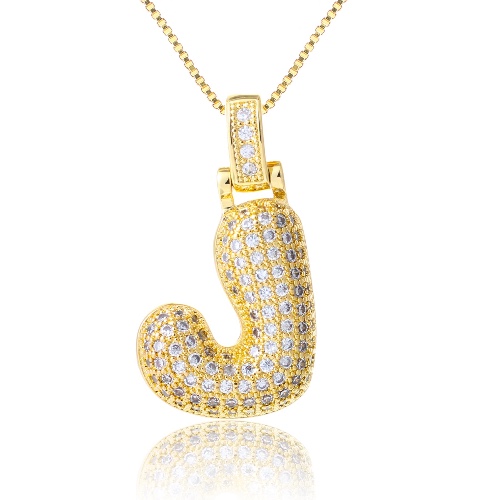 KELMALL Women's Iced Out Bubble Initial Letter Alphabet Pendant, Diamond Zirconia Chunky Name Necklace Personalised Gift - Yellow Gold-J