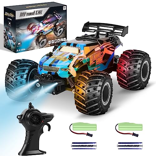 HENEROAR Remote Control Car, Remote Control Truck, 2.4Ghz All Terrain Off-Road Monster Truck, 20 KM/H Rc Cars with LED Bodylight and 2 Rechargeable Batteries Toys for Boys Age 4-7 8-12 - Blue - With Headlights& Body Light