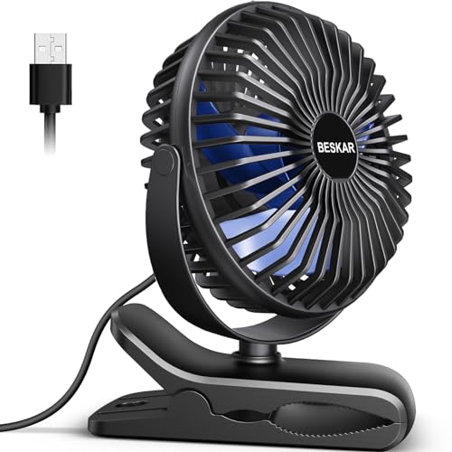 BESKAR USB Clip on Fan, Portable Small Fan with Cord Powered, 3 Speeds Strong Airflow, with Sturdy Clamp, Quiet Personal Desk Fan - Black