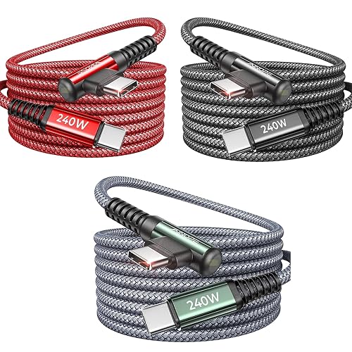 AINOPE 240W USB C to USB C Cable Fast Charging 3FT,Right Angle Fast Type C Charging Cable Fits iPhone 16 Pro Max Plus,iPhone 15,MacBook Air/Pro,iPad Pro,Samsung,Pixel,All Devices,Black,Grey,Red, 3P - 3FT - Grey、Red、Black - 3