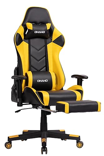 OHAHO Gaming Chair Racing Style Office Chair Adjustable Massage Lumbar Cushion Swivel Rocker Recliner High Back Ergonomic Computer Desk Chair with Retractable Arms and Footrest (Black/Yellow) - Black/Yellow