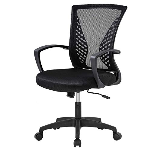 Home Office Chair Mid Back PC Swivel Lumbar Support Adjustable Desk Task Computer Ergonomic Comfortable Mesh Chair with Armrest (Black) - Black