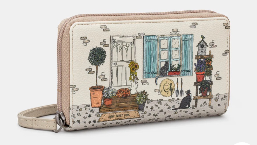 Country Cottage Zip Around Warm Grey Leather Purse With Wrist Strap