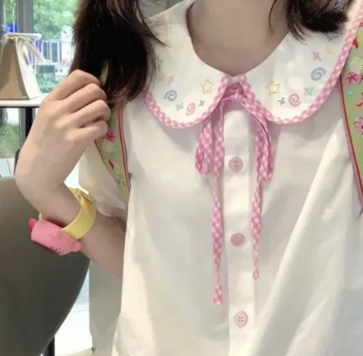 Y2k Girl Preppy Style Shirts for Women Doll Collar Embroidery White Blouse Ladies Japanese Sweet Shirts Bow Tops Femme Harajuku