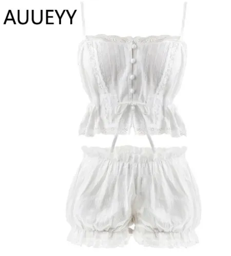 Sexy cute Lingerie French Vintage Palace Cotton Pajamas for Women Sexy Sleepwear Lace Tube Top Shorts Set with Strappy Buttons