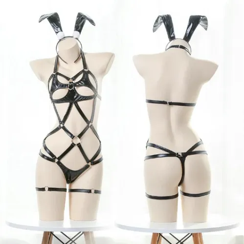 AniLV New Anime Girl Leather Strap Bandage Bodysuit Unifrom Cosplay Women Bunny Pajamas Lingerie Outfits Costumes