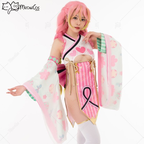 Women KNY Mitsuri Kanroji Cosplay Costume Sexy Kimono Dress Lingerie Set with Stockings