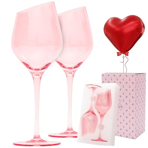 Lidy Pink Wine Glasses Set of 2 - 15.2oz Hand-Blown Unique Wine Glasses for Red, White Wine | Wine Glasses with Stems for Valentines Day Gifts for Her | Pink Valentines Day Decorations for Party