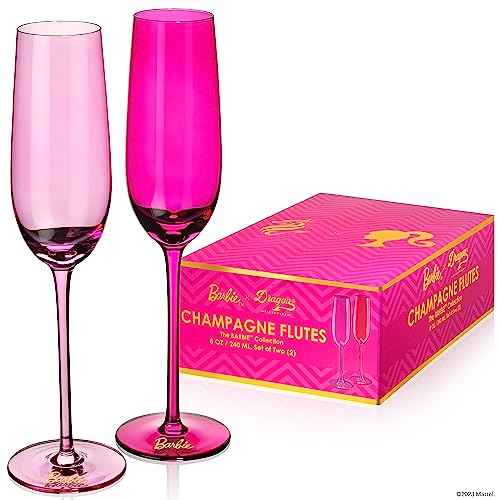 Dragon Glassware x Barbie Champagne Flutes, Pink and Magenta Crystal Glass, Mimosa and Cocktail Glasses, 8 oz Capacity, Set of 2 - 2 Count (Pack of 1) - Barbie