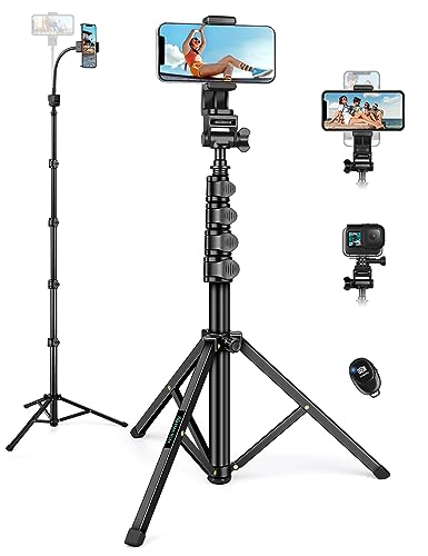 Nineigh Phone Tripod Stand, 74" Selfie Stick Tripod Portable Travel Tripods, Aluminum Hose Phone Stand Tripod for Video Recording Photo Vlog Compatible with iPhone Plus iPad Cellphone Cameras Black - 74" - Black