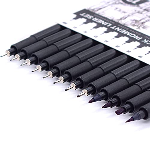 Set of 12 Micro-Pens, Fineliner Ink Pens, Black Drawing Pen, Pigment Pen, Waterproof,Great for Artist Illustration, Sketching, Technical Drawing 902195