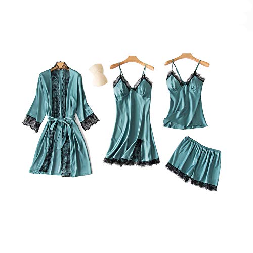 SAPJON Pajamas for Women Silk Pajama Set 4pcs Cami Top Shorts Nightgown Sleepwear Robe Sets Cute Stain Pjs for Women - A Green - XX-Large