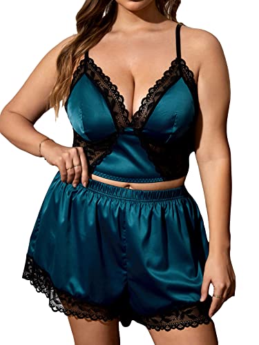 OYOANGLE Women's Plus Size 2 Piece Satin Lace Trim V Neck Crop Cami Top and Shorts Pajama Set - X-Large Plus - Teal Blue