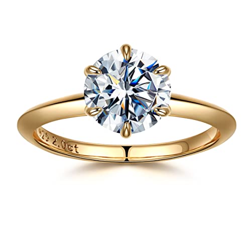 SMILEST 2ct Round Moissanite Engagement Ring for Women, Brilliant D Color VVS1 Clarity Classic Lab Created Diamond Solitaire Ring 18K White Yellow Rose Gold Vermeil 6 Claw Knife Edge Moissanite Rings - #7 - 18K Yellow Gold-Vermeil