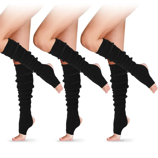 3 Pairs Women Winter Long Stirrup Yoga Leg Warmers 24 Inch Over the Knee Ribbed Knit Leg Warmer for 80s Party Dance Sports - Black