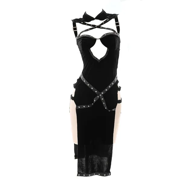 Anime Lingerie Sexy Devil Cosplay Costume Naughty Witch Cheongsam Punk Rivets High Slit Dress Assassin Roleplay Outfit - 