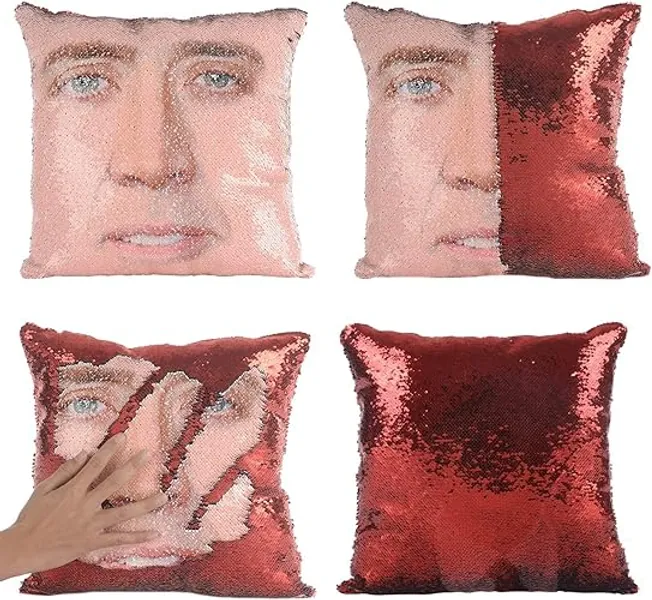 Rackynass Nicolas Cages Pillow Covers Sequin Pillow Cases Funny Gag Gifts White Elephant Gifts Reversible Sequin Pillow Cover Decorative Throw Cushion Case 16 x 16 Inches - Nicolas Cage Pillow Cover