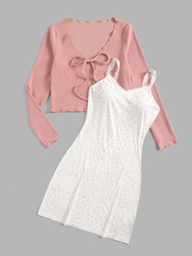 Solid Tie Front Top & Ditsy Floral Cami Dress