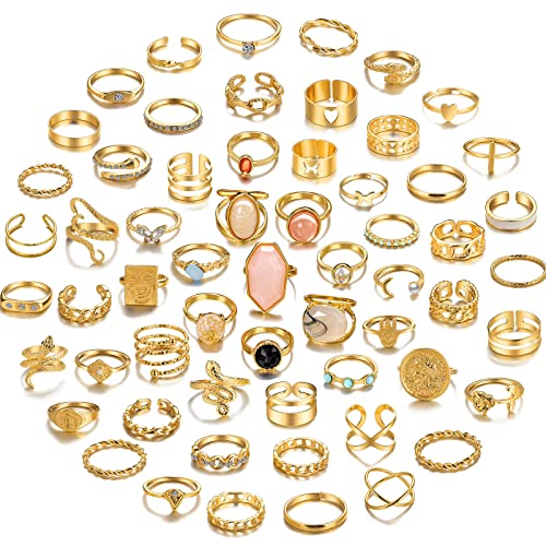 17KM 60 Pcs Gold Stacks Ring Sets for Women Non Tarnish, Dainty Vintage Stackable Rings Pack, Finger Midi Knuckle Rings for Jewelry Gift - Gold-60pcs