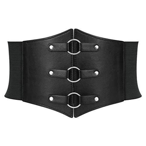 JKEEMI Women Corset Belt Metal O-Ring Heart-Ring Wide Elastic Waspie Waist Belt for Daily Cosplay Halloween Costumes - 32" fit waist: 29" -34" - 03-o-ring Black