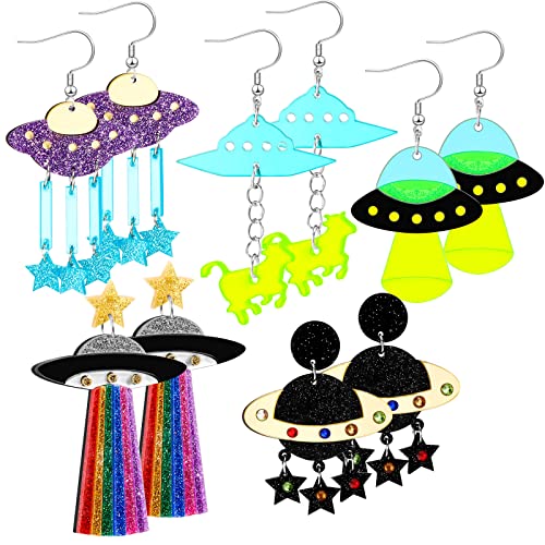 5 Pairs UFO Aliens Earrings for Women Space Earrings Alien Acrylic Planet Earrings Funky Earrings Weird Earrings Novelty Crazy Earrings Dangle Cute Fun Earrings for Halloween Jewelry - Classic