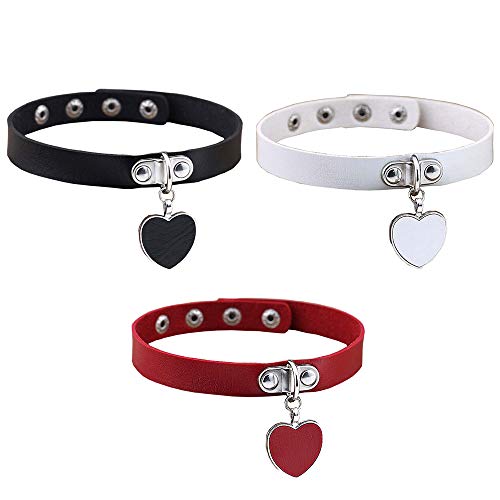 Jurxy 3PCS Heart Choker Necklace PU Leather Goth Choker Collar with Heart Pendant Punk Collar Adjustable Size – Black White Red