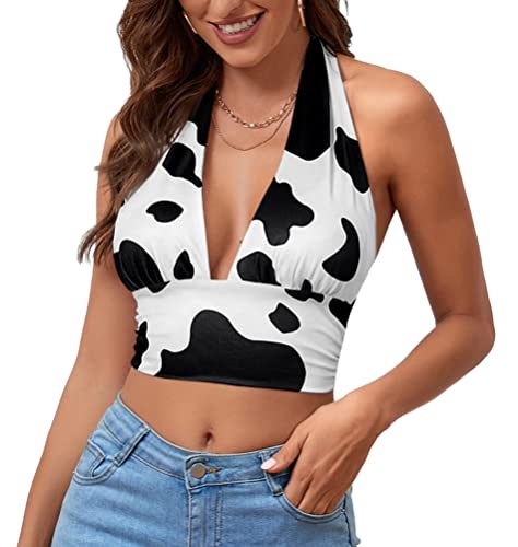Rooscier Women's Deep V Neck Halter Tie Back Sleeveless Backless Cami Crop Top - X-Large - Cow Print