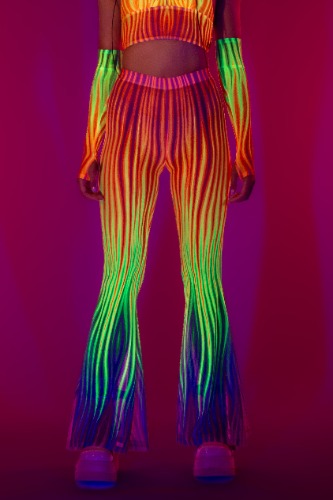 Neon Rainbow Flame Bell Bottom Mesh Pants | Set / XL