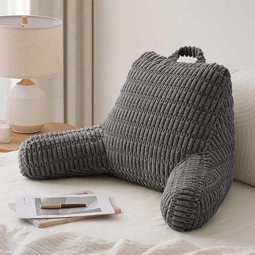 Blissful Diary Reading Pillow, Backrest Pillow with Shredded Memory Foam for Adult & Children, Designed for Bed and Couch Sitting Up, Includes Arms, Pockets and Washable Cover, Dark Gray - Dark Gray