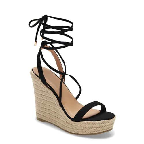 Coutgo Women's Espadrille Wedges Lace Up Platform Ankle Cross Strap Slingback Summer Dress Sandals - 8 - Black