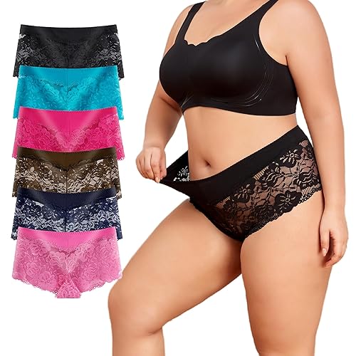 moonlight elves Women's Underwear Regular & Plus size Lace Boyshort Panties Cheeky Panty for Ladies, Pack of 6 Size S-5XL - 3X-Large Plus - 9144-c