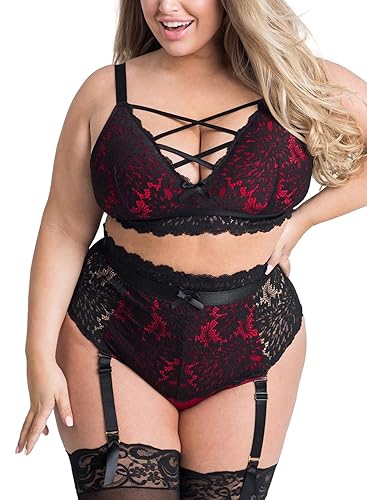EVELUST Plus Size Lingerie for Women - Sexy Luxe Criss-cross Bra Lace Cup Classic Underwear High Waisted Suspender Set - 3X-Large - Black Red