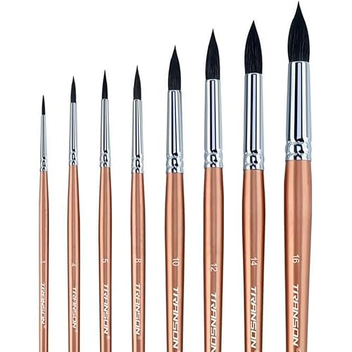 Transon 8pcs Round Watercolor Paint Brush Set Goat Hair for Watercolors,Acrylics,Inks,Gouache,Oil and Tempera - Champagne